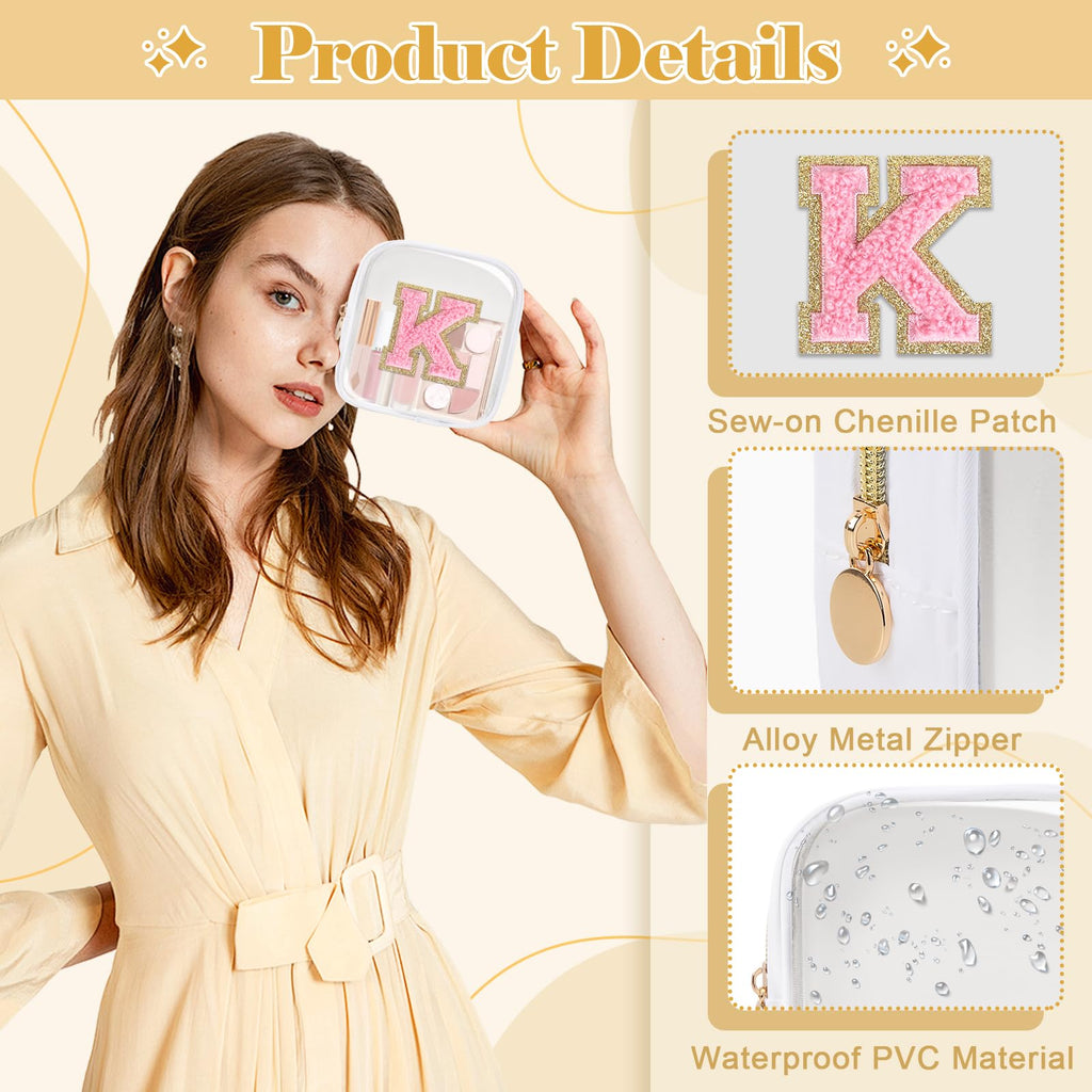Personalized Initial Letter Clear Preppy Makeup Bag,Mini Nylon Chenille Letter Cosmetic Bag Cute Zipper Pouch Purse for Teen Girls,Portable TSA Approved Beach Travel Essentials Bag Gift for Women,K