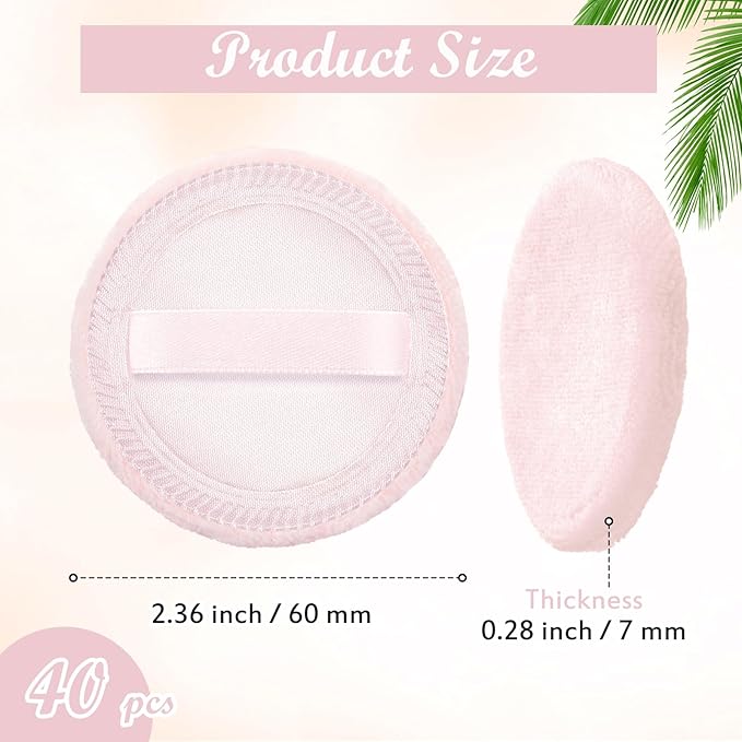 SiliFine 40 Pcs Cotton Powder Puffs Bulk Washable, 2.36 Inch Round Makeup Dusting Puff with Ribbon for Loose and Pressed Powder Face Body Cosmetic, Pink