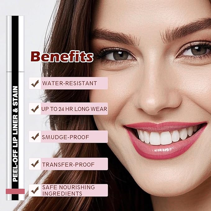 QCMME Lip Liner Stain Peel Off with Tweezer, Long Lasting Matte Lip Tattoo, Highly Pigmented Color Lip Tint Makeup, Waterproof, Transfer-proof Lipstain for Women, for All Skin Types Cool Rose