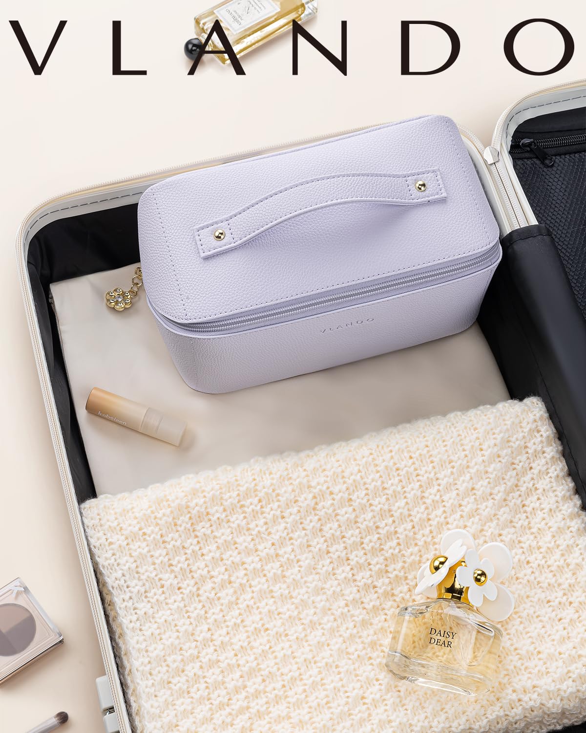 VLANDO Makeup Bag,Travel Toiletry Bag,Cosmetic Bag for Women PU Leather Portable Make up Bag for Skincare, Brushes & Travel Essentials-Purple