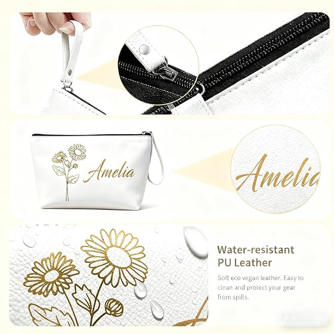 Bliver Personalized Makeup Bag Initial&Birth Flower Custom Small Travel Cosmetic Bag with Name Cute Makeup Bag for Women Girls