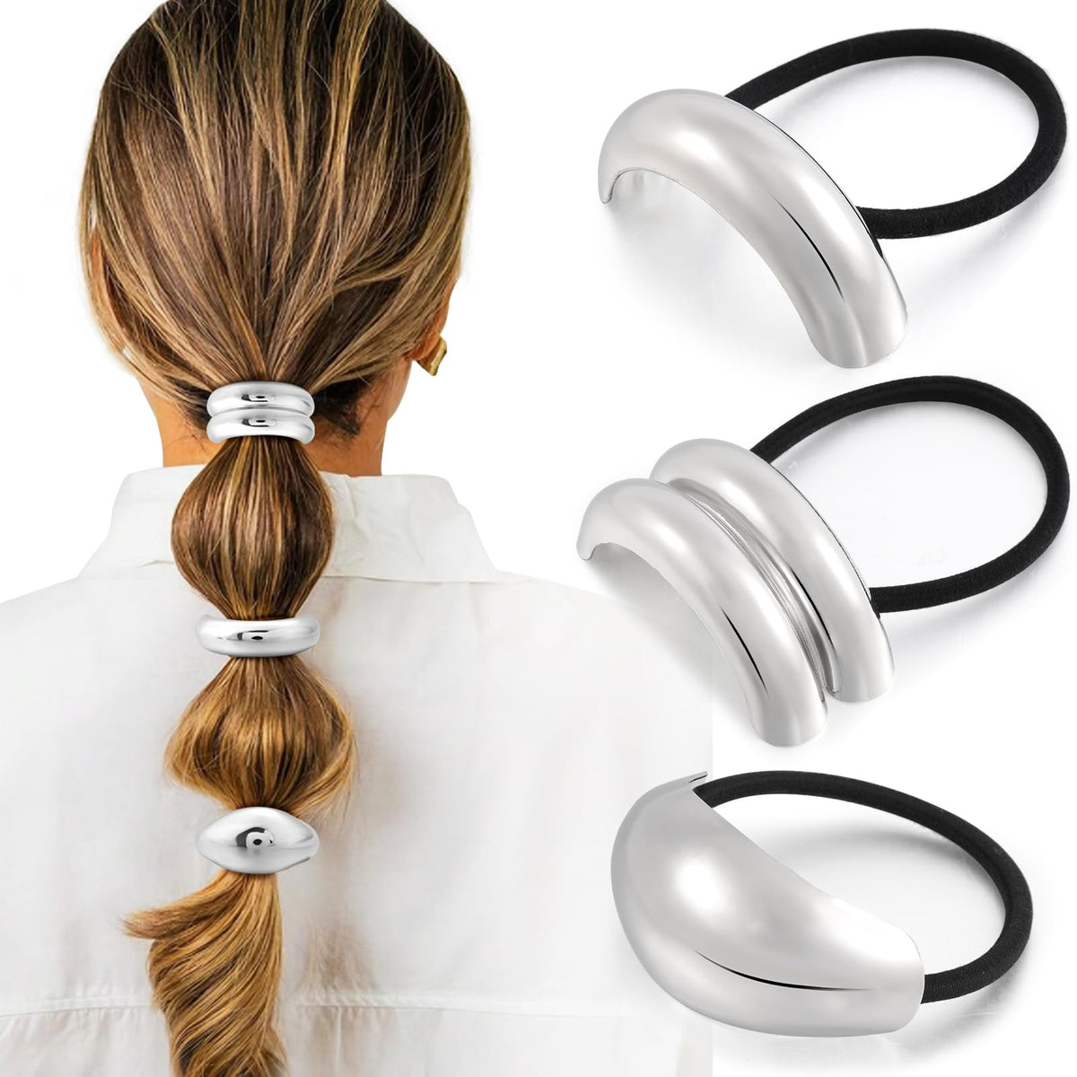 2PCS Gold Hair Ties for Women - Metal Hair Accessories for Thick Hair, Elegant and Durable Geometric Design, Ponytail Cuffs Stretchy Non-Damage