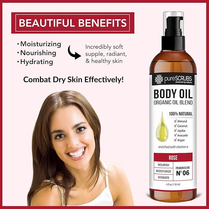 pureSCRUBS Ultra Moisturizing Rose Body Oil for Dry Skin, 4 oz