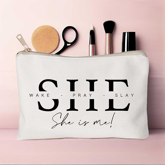 HubbgDesign She Wake Pray Slay Makeup Bag, Motivational Cosmetic Pouch for Women, I Am Strong Affirmation Makeup Case, Boss Girl Travel Toiletry Bag, Gift Idea for Her