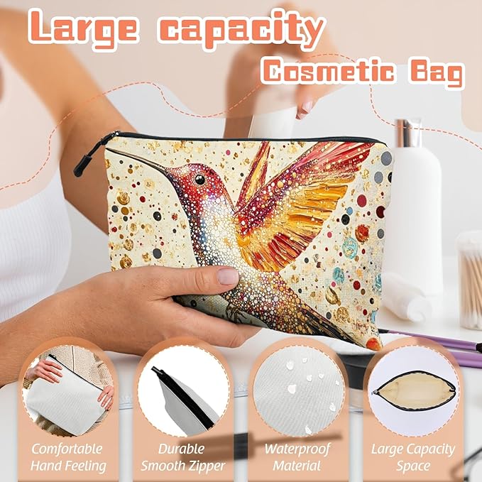 Scribesense Cosmetic Bags Travel Makeup Toilet Case Waterproof Pouch for Women Girls 6.7X9.45inches - Gorgeous Speckled - Hummingbird Art
