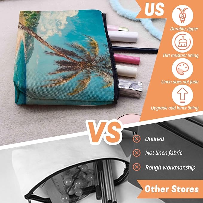 Scribesense Cosmetic Bags Travel Makeup Toilet Case Waterproof Pouch for Women Girls 6.7X9.45inches - Tilted Coconut Tree on A Tropical Beach