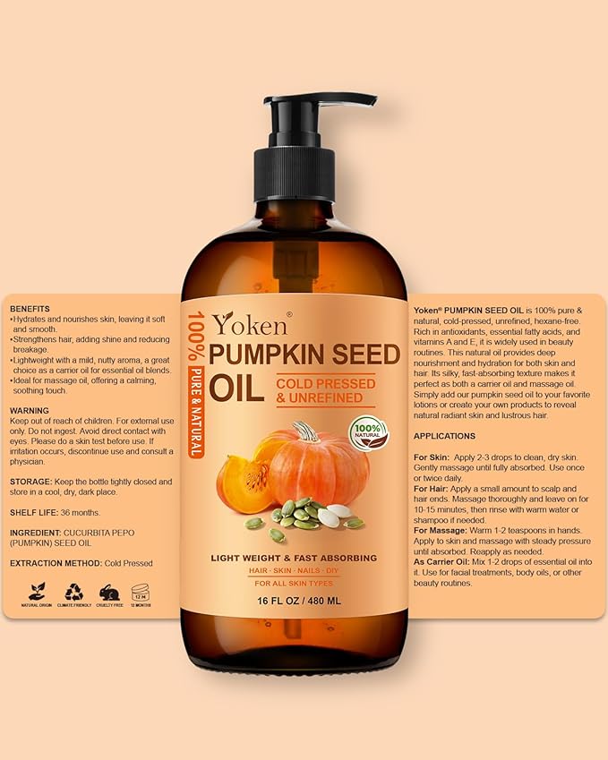 Yoken Pumpkin Seed Oil for Hair 16oz Glass Bottle, Unrefined Cold Pressed