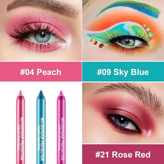 Meilury 3 Colorful Eyeliner Pen Set, Eye Shadow Pencil, Pearl Eyeliner Kit Metallic Glitter Colored Eye liner for Women Eye&Lip Liner Professional Waterproof Eye Makeup (3PCS B)