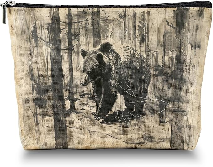 Scribesense Makeup Bag Travel Cosmetic Bags Small Makeup Case Waterproof Zipper Pouch for Women Girls 7X9inches - Brown Bear Roaming Through A Textured Forest