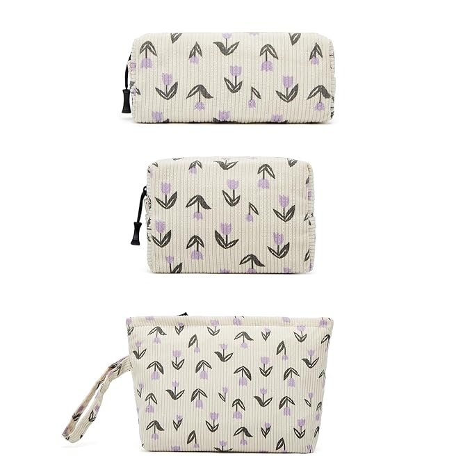 ZOEMTIU Makeup bag set small Cosmetic bag for women purse Corduroy Organizer with interior Pockets,cute Pencil zipper Pouch travel Toiletry Bag with handle(Tulip Purple)