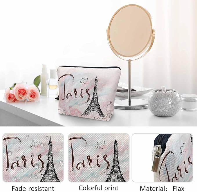 Kalygon Women Cosmetic Bag Eiffel Tower, Watercolor Paris Eiffel Tower Cute Makeup Bag For Purse Cosmetic Travel Bag For Toiletries Makeup Storage Bag Flax Skincare Bag Make Up Pouch Bags