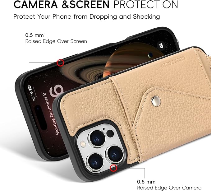 LUCKYCOIN Crossbody Phone Case for iPhone 16 Pro Max,100% Genuine Leather Phone Wallet Case for Women, Premium Hands-Free Phone Purse with Expandable Flip Card Holder & Adjustable Strap - Pebble Beige