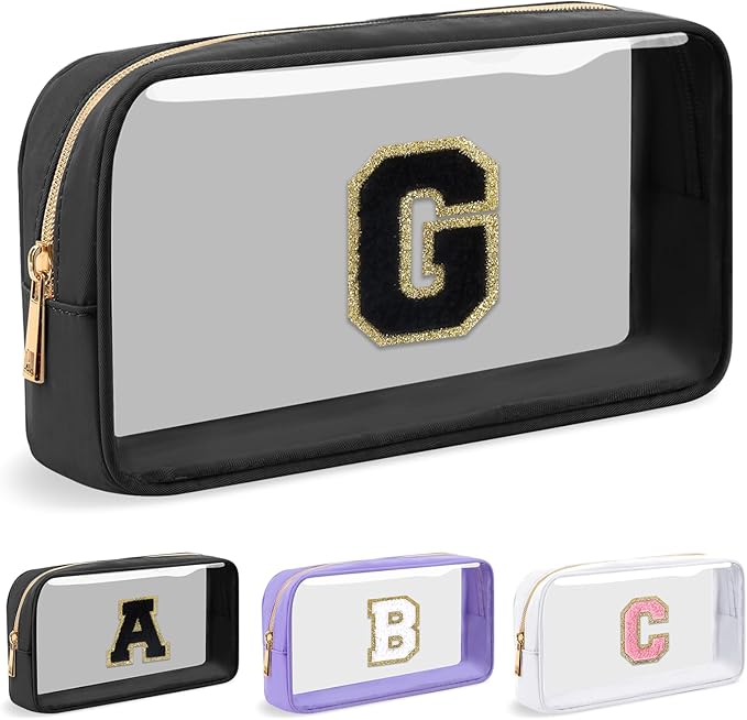 UIXIZQ Personalized Initial Letter Clear Makeup Bag,Preppy Small Nylon&PVC Cosmetic Zipper Bag with Chenille Letter,Travel Skincare Toiletry Bag,Monogram Christmas Gift for Teen Girls Women,G