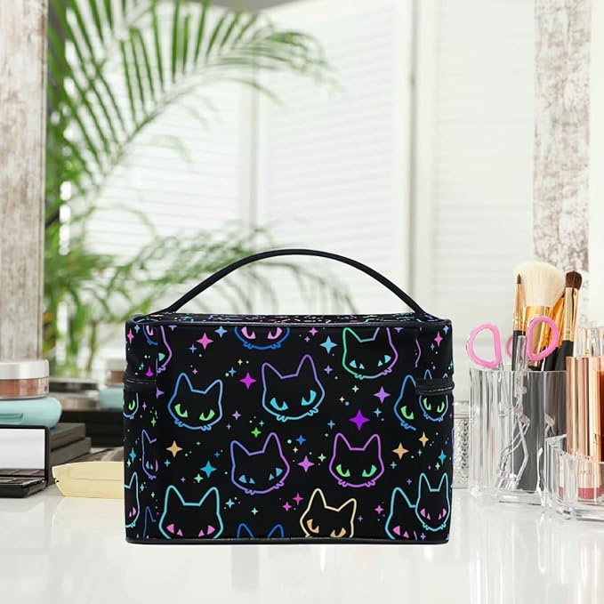 MNSRUU Goth Makeup Bag, Colorful Neon Cat Heads Makeup Organizer Bags Toiletry Bag Box Travel Cosmetic Bag Make Up Train Case for Women Teen Girl Ladies