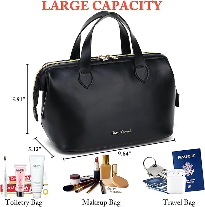 Fammart Travel Makeup Bag, Large Wide-open Cosmetic Bag Make Up Organizer Case for Women, Waterproof PU Leather Toiletry Bag Skincare Pouch for Toiletries Accessories Brushes