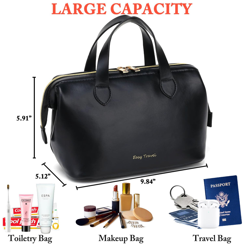 Fammart Travel Makeup Bag, Large Wide-open Cosmetic Bag Make Up Organizer Case for Women, Waterproof PU Leather Toiletry Bag Skincare Pouch for Toiletries Accessories Brushes