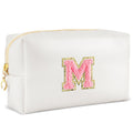 URSKYTOUS Initial Makeup Bag Personalized Preppy Travel Small Cosmetic Bag Cute PU White Chenille Letter Makeup Pouch for Purse Waterproof Zippered Toiletry Organizer for Women Girl Kid Friends (M)