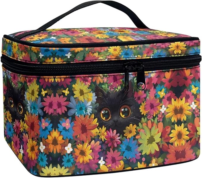 Drydeepin Black Cat Colorful Flowers Pattern Travel Makeup Bag for Women Large Capacity Cosmetic Bag with Zipper and Handle Portable Toiletry Bag Make Up Organizers