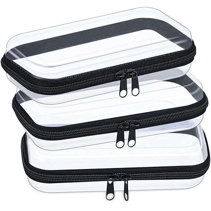 Hoolerry 3 Pcs Clear Hard Zipper Case Hard Plastic Zipper Pouch Makeup Bag Portable Travel Organizer for Cosmetics, Office Supplies, Documents & Toiletries(Black,S)