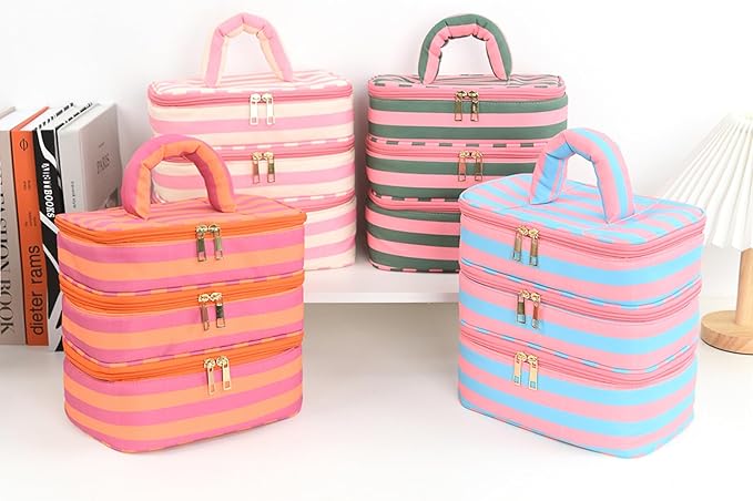 Apxouans Three Layer Makeup Bag for Women Fashion Stripes Cosmetic Bag Preppy Style Travel Water-Resistant Toiletry Bag for Storage Toiletries Cosmetics Sets for Women Teen Girls Pink