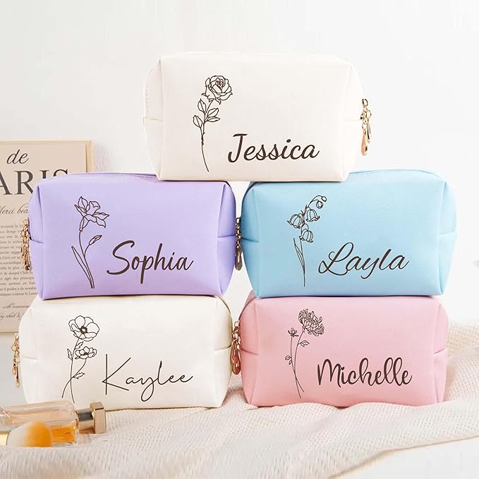 Fincekoom Personalized Makeup Bag with Name & Birth Flower, Custom Leather Cosmetic Bags for Women, Customized Travel Toiletry Bag Gifts for Bridesmaid Wedding