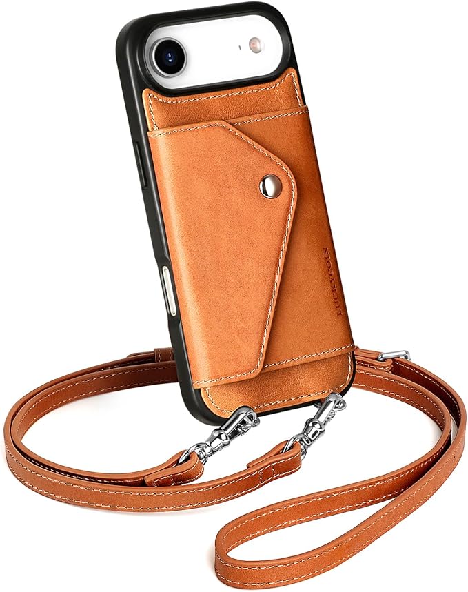 LUCKYCOIN Crossbody Phone Case for iPhone Air,100% Genuine Leather Phone Wallet Case for Women,Fashion Premium Hands-Free Phone Purse with Expandable Flip Card Holder & Adjustable Strap - Retro Brown