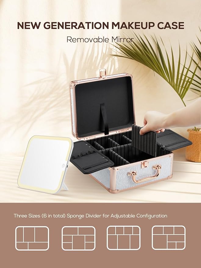 OMIRO Makeup Case, Makeup Bag with Light Up Mirror Set, Makeup Organizer Bag with Magnet Makeup Mirror for Women (Snow White)