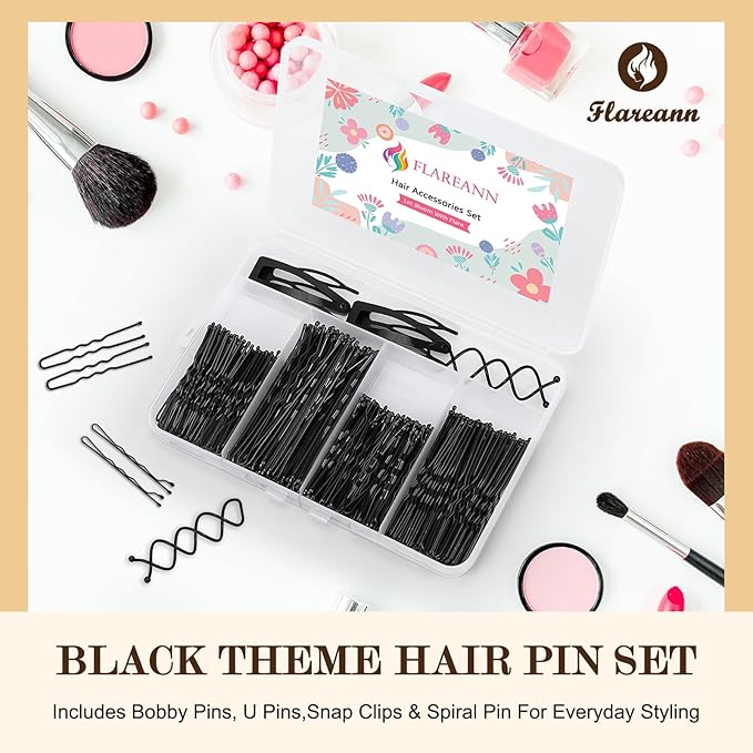 FLAREANN Black Bobby Pins Set with U Shape Pins, Spiral Pin & Snap Clips