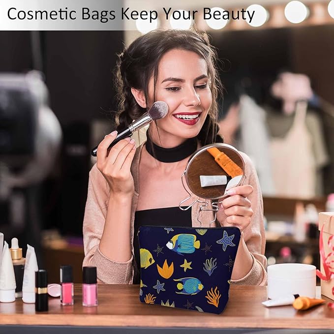 Kalygon Sea Animal Makeup Bags Makeup Organizer, Ocean Sea Turtle Starfish Seaweed Flax Toiletry Bags Travel Cosmetic Bag Makeup Purse Pouch Skincare Bag Wallet Bags For Women Female Mom Daughter