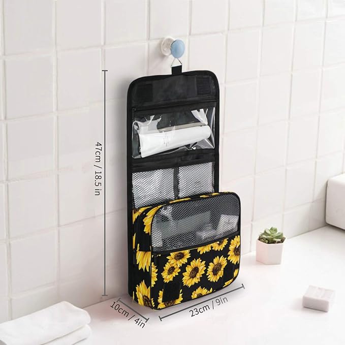 Hanging Travel Toiletry Bag Kit Makeup Case Cosmetics Organizer for Men Women (Black Sunflower)
