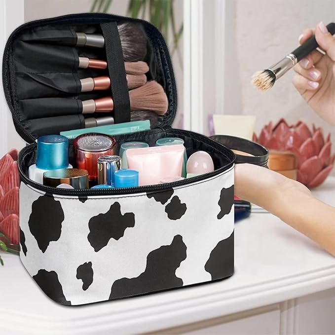 Drydeepin White Black Cow Cowhide Cute Print Portable Makeup Bags for Women Large Capacity Cosmetic Organizer and Storage Pouch with Zipper and Handle Travel Toiletry Accessories