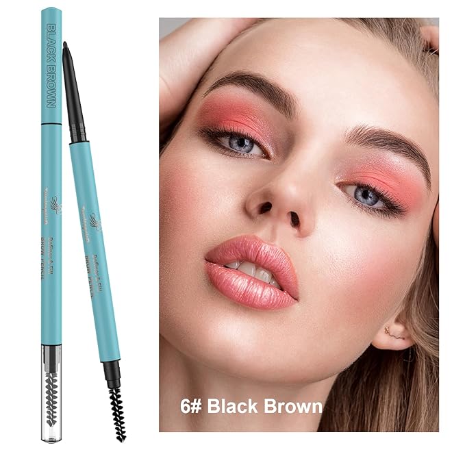 TurritopsisD Define & Fill Brow Pencil (2-Pack Black Brown) Waterproof Smudge-Proof Fine-Tip Very-Thin Pen with Built-in Spoolie Brush