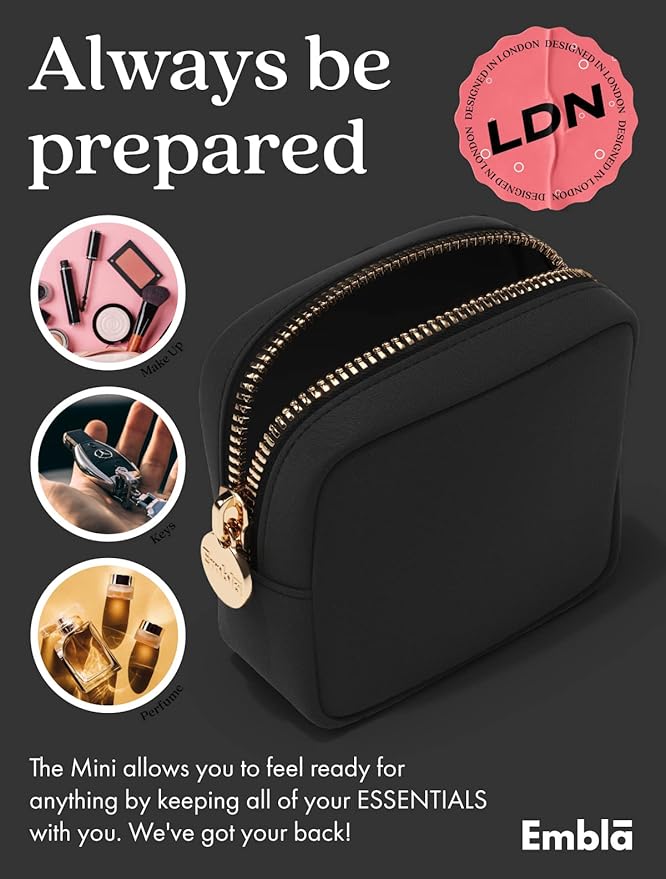 Embla Small Makeup Bag for Purse, Mini Waterproof Nylon Cosmetic Pouch, Durable and Lightweight Travel Toiletry Bag with Smooth Zipper, Black