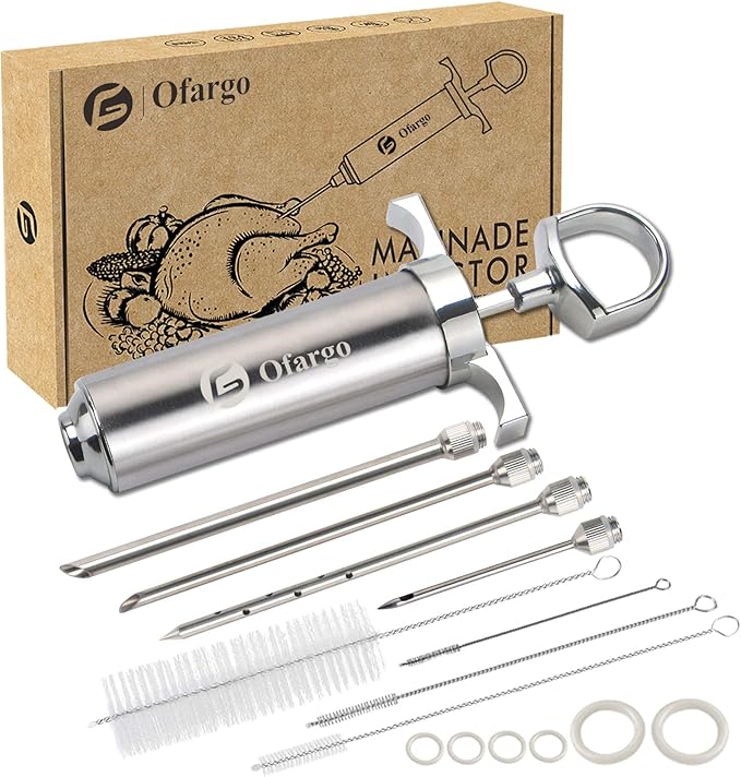 Ofargo Stainless Steel Meat Injector Syringe Kit with 4 Marinade Needles for BBQ Grill Smoker, Father Day Gifts for Dad Husband Men Him, 2-oz Large Capacity, Both Paper User Manual and E-Book Recipe