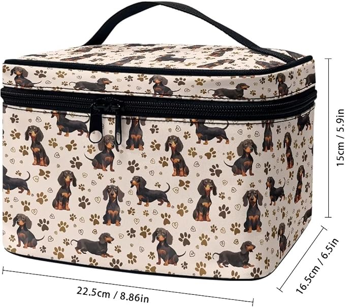 Drydeepin Dachshund Dog & Paws Print Travel Makeup Bags for Women Portable Tote Cosmetic Case with Carry Handle Toiletry Accessories Storage Organizer Bags, Beige