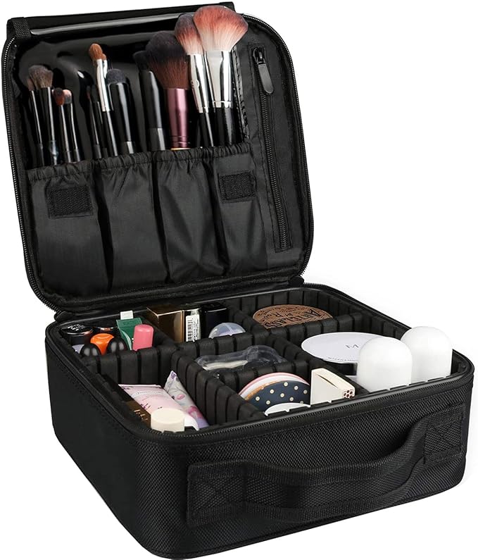 Bvser Travel Makeup Case, Cosmetic Train Case Organizer Portable Artist Storage Makeup Bag with Adjustable Dividers for Cosmetics Makeup Brushes Toiletry Jewelry Digital Accessories - Black