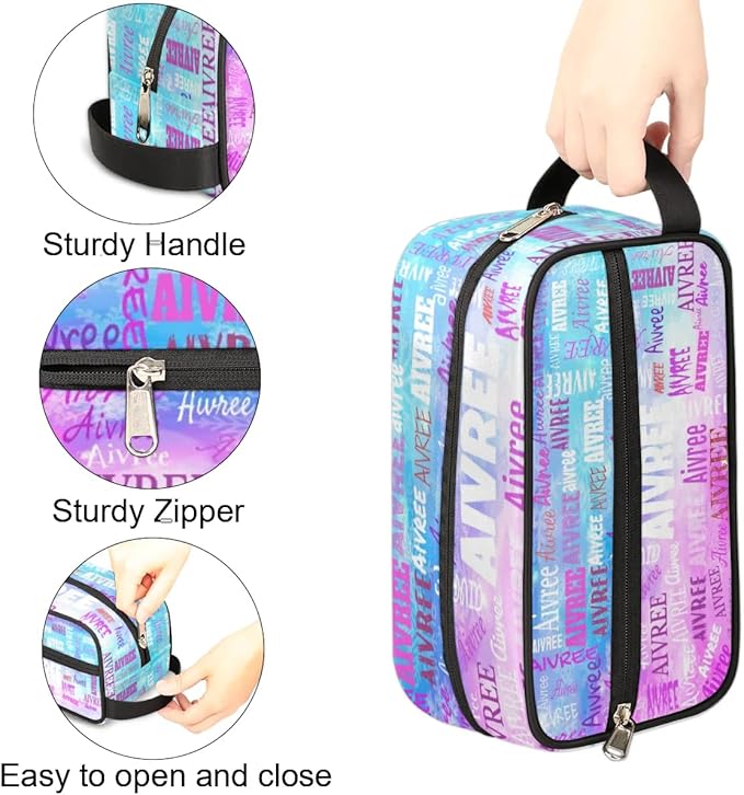 Custom Women Cosmetic Travel Toiletry Bag Painted Blue Pink Watercolor