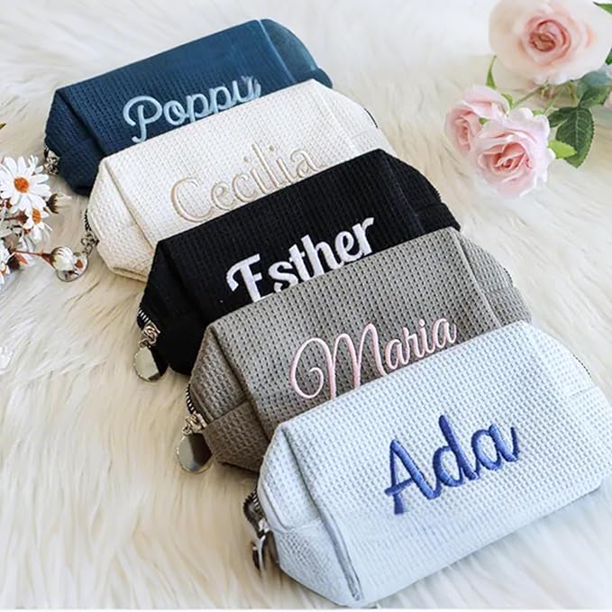 Personalized Embroidered Waffle Cosmetic Bags, Thicken Beauty Makeup Bag