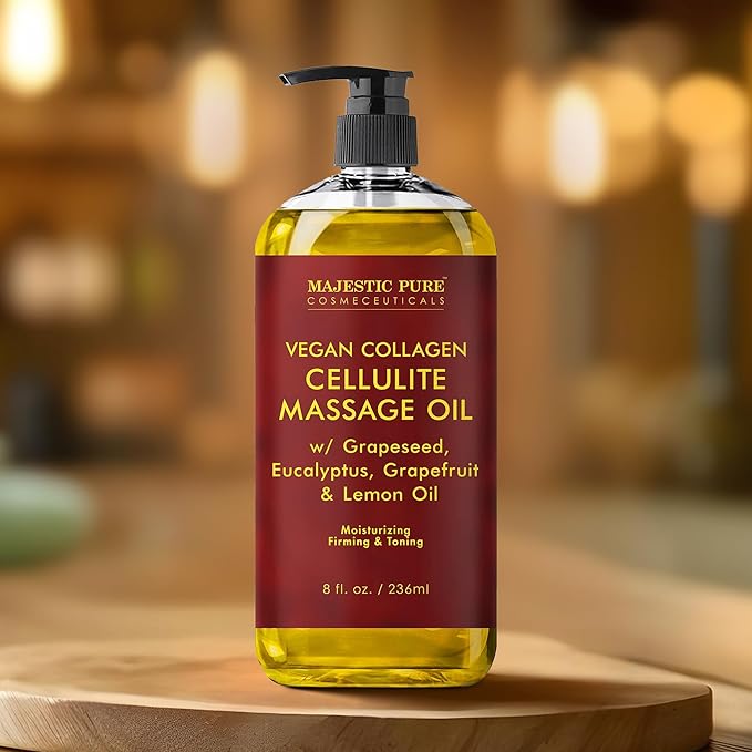 Majestic Pure Firming Body Massage Oil- Helps Smooth the Appearance of Cellulite & Improve Skin Texture- Natural Oils with Collagen- Refreshing Aromatherapy Body Oil for Legs & Full Body - 8 fl oz