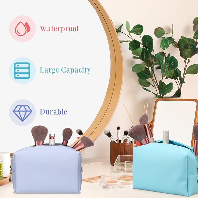 Sanwuta 9 Pcs Makeup Bags Bulk Bridesmaid Proposal Gifts Cosmetic Bags Preppy PU Leather Double Zipper Toiletry Pouch Portable Travel Organizer Case for Women Bachelorette Gift(Pink, Blue, Purple)