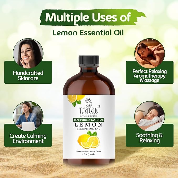 TRATAK ORGANICS Lemon Essential Oil with Glass Dropper - Huge 4 Fl Oz - 100% Pure and Natural Lemon Oil - Premium Grade Essential Oils for Diffuser, Aromatherapy, Soap and Candle Making