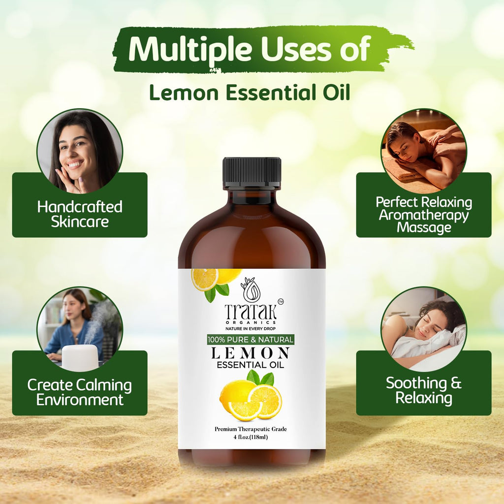 TRATAK ORGANICS Lemon Essential Oil with Glass Dropper - Huge 4 Fl Oz - 100% Pure and Natural Lemon Oil - Premium Grade Essential Oils for Diffuser, Aromatherapy, Soap and Candle Making