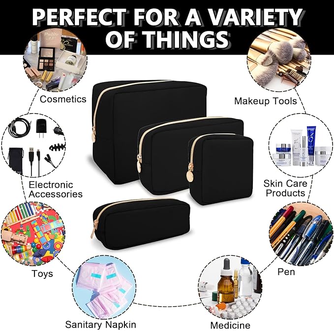 UIXIZQ Waterproof Large Makeup Pouch,Nylon Women Travel Toiletry Storage Preppy Cosmetic Bag for Girls,Big Makeup Organizer Bag Cute Zipper Pouch for Sport Work Gift(Large-Black)