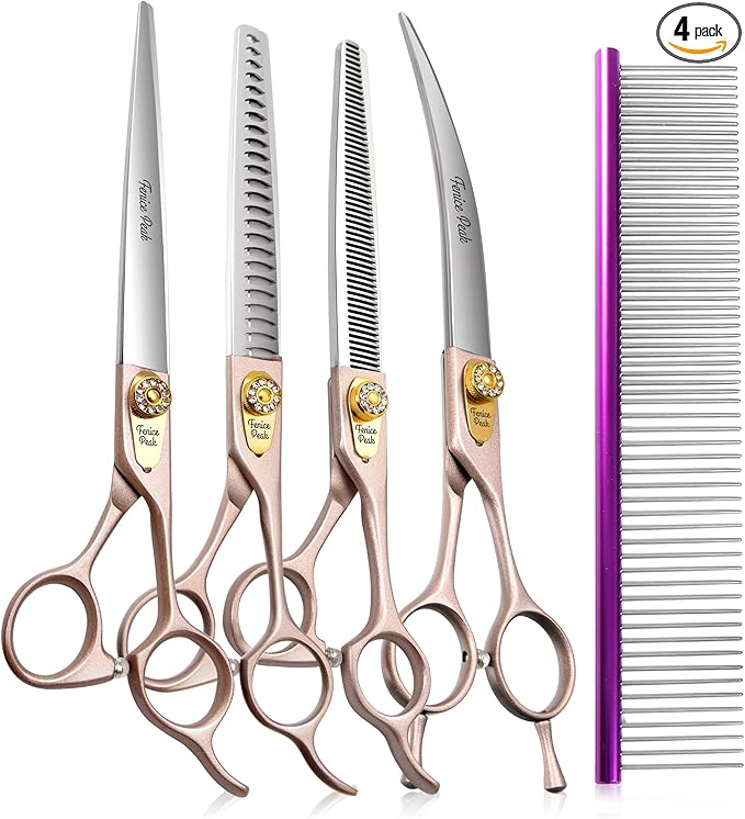Fenice Peak 8'' Professional Dog Grooming Scissors Set Rose Gold 440C Stainless Steel Straight Thinning Curved Chunker Shears 4pcs Set for Pet Grooming Services Dogs and Cats