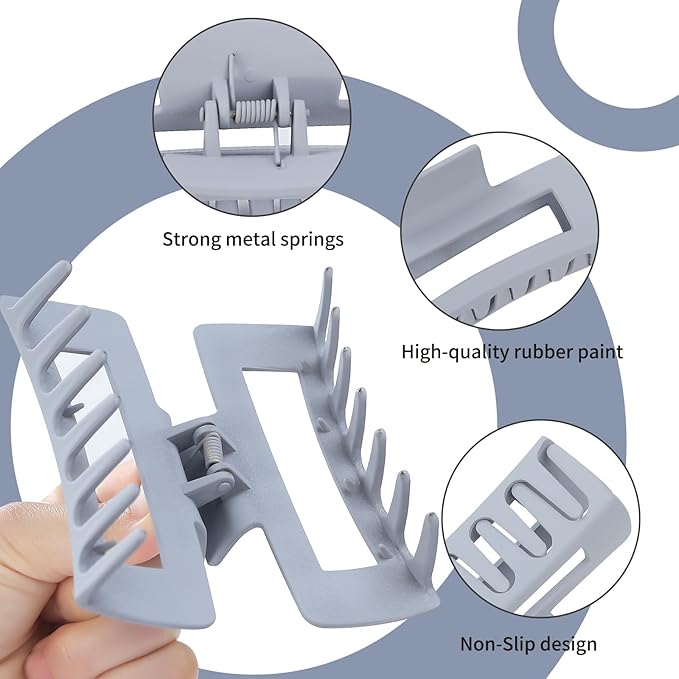 Sisiaipu 4 Inch Big Hair Claw Clips 6 Pcs Large Claw for Thick Hair Square Hair Clips for Women Rectangle Hair Clips Nonslip Acrylic Banana Jaw Clips Hair Accessories for Girls (Grey)