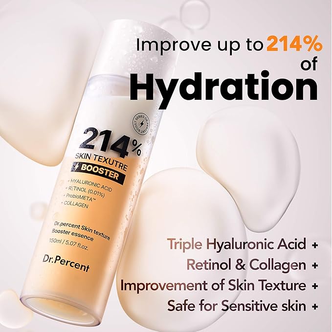 Dr.Percent Skin Texture Booster 214% Essence – Deep Hydration, Glass Skin, Triple Hyaluronic Acid, Collagen & Retinol, Lightweight & Non-Sticky, Visibly Plumping Effect, Korean Skincare, 5.07 fl oz