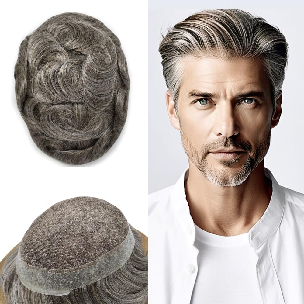 FACE MIRACLE Toupee for Men French Lace Hairpiece Human Hair Replacement System Skin PU Mens Toupee Hair Wigs for Man V-Looped Front Hair Prosthesis 6"X8" 4# MEDIUM BROWN — 8X10