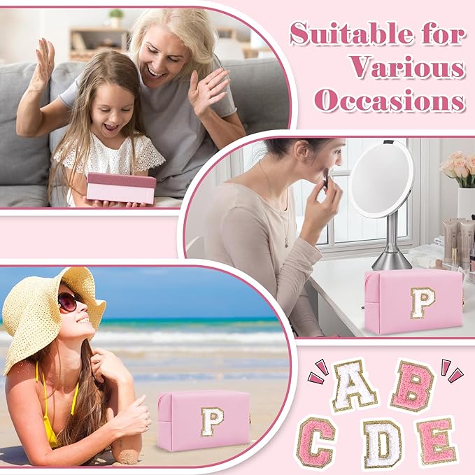 Personalized Initial A-Z Preppy Patch Makeup Bag,Small PU Chenille Letter Cosmetic Bag with Zipper for Teen Girls,Pink Cute Toiletry Organizer Bag,Monogram Makeup Case Gift for Women Girls,Letter P