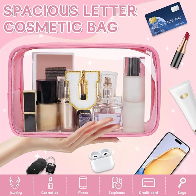 Personalized Initial Clear Makeup Bag, Travel Chenille Patch Cosmetic Bag, Preppy Toiletry Bag Monogram Cosmetic Pouch with Zipper, Ideal Gift for Teen Girls Women (Clear-Pink, U)