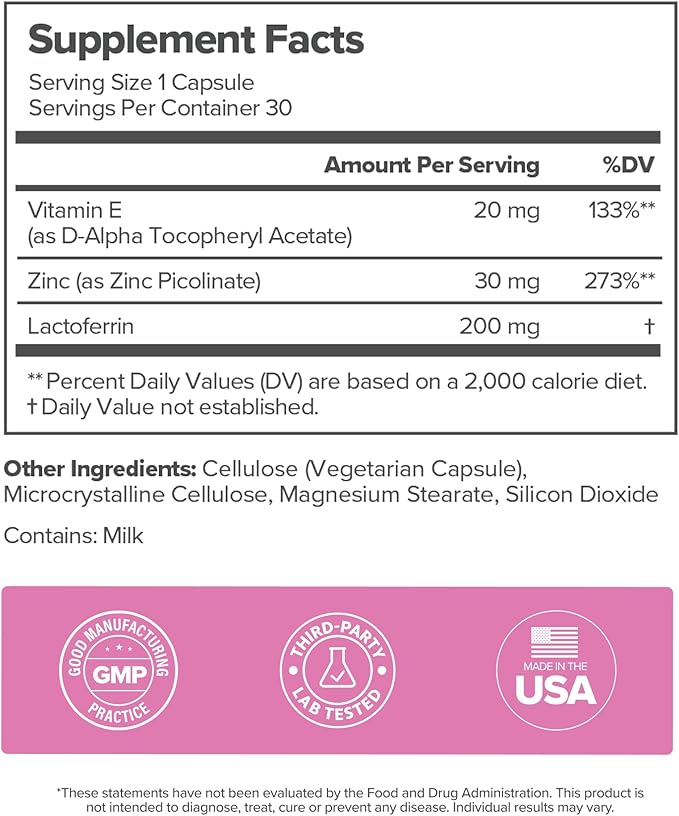 O Positiv FLO Acne Capsules – Supports Clearer, Healthier-Looking Skin for Face, Back & Body – Colostrum-Derived Lactoferrin, Zinc and Vitamin E – 30 Servings